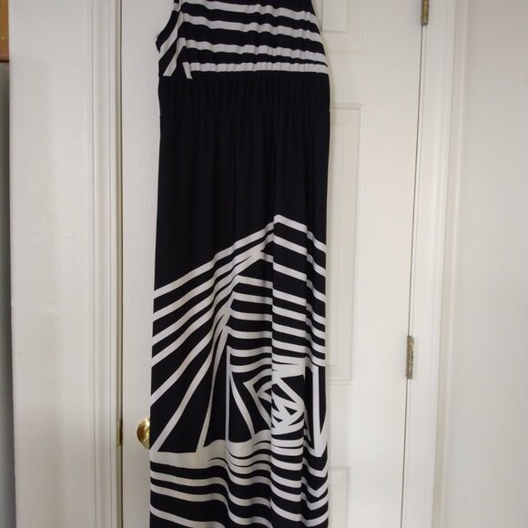 🖤🔥FOREVER MAXI DRESS VNECK EMPIRE WAIST BLACK BEIGE ABSTRACT STRIPES SIZE L - Picture 7 of 7